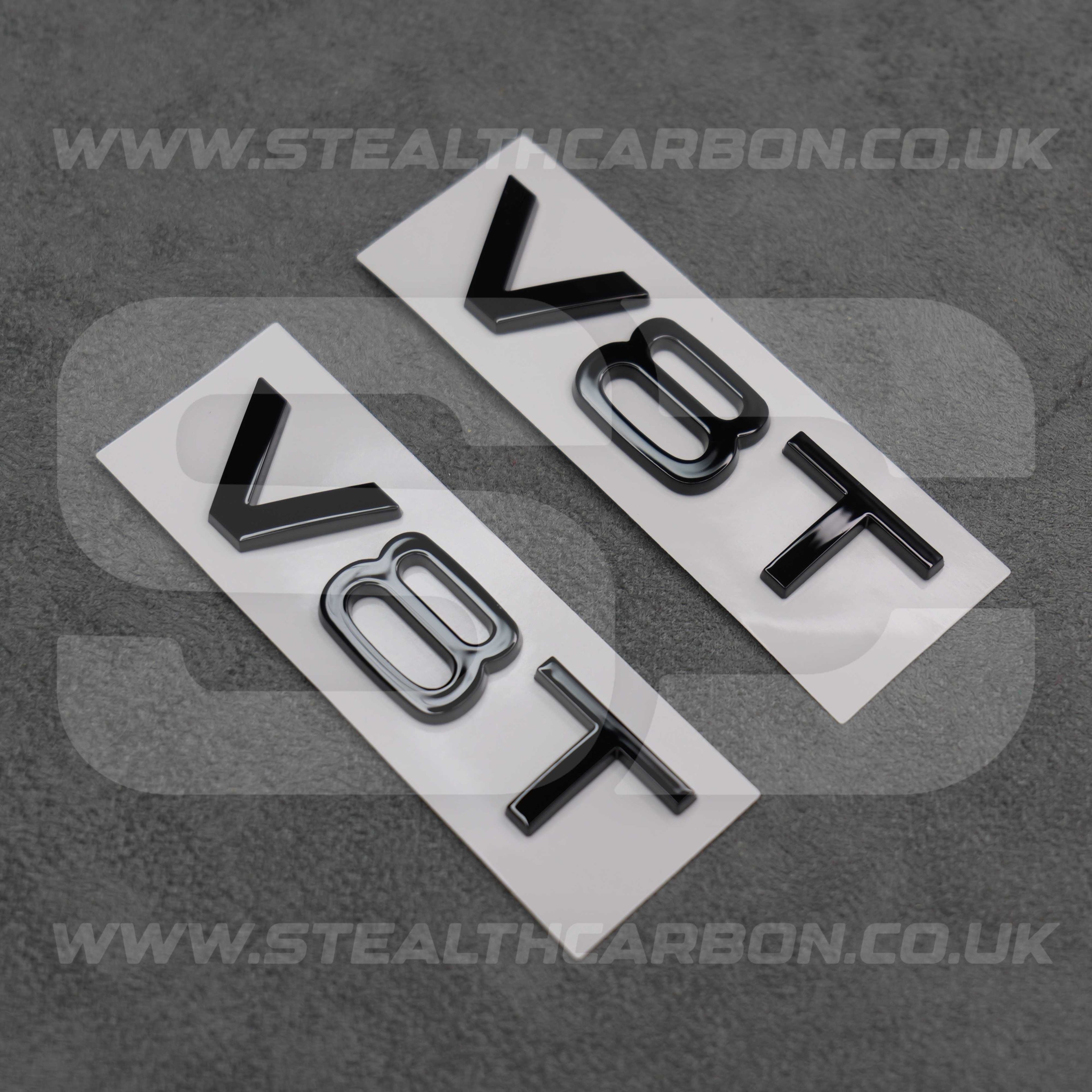 2x Audi Gloss Black V8T Side Wing Badge Emblems SQ7 S6 S5 RS4 RS5 RS6 RS7 S8