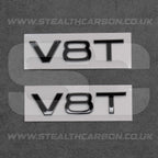 2x Audi Gloss Black V8T Side Wing Badge Emblems SQ7 S6 S5 RS4 RS5 RS6 RS7 S8