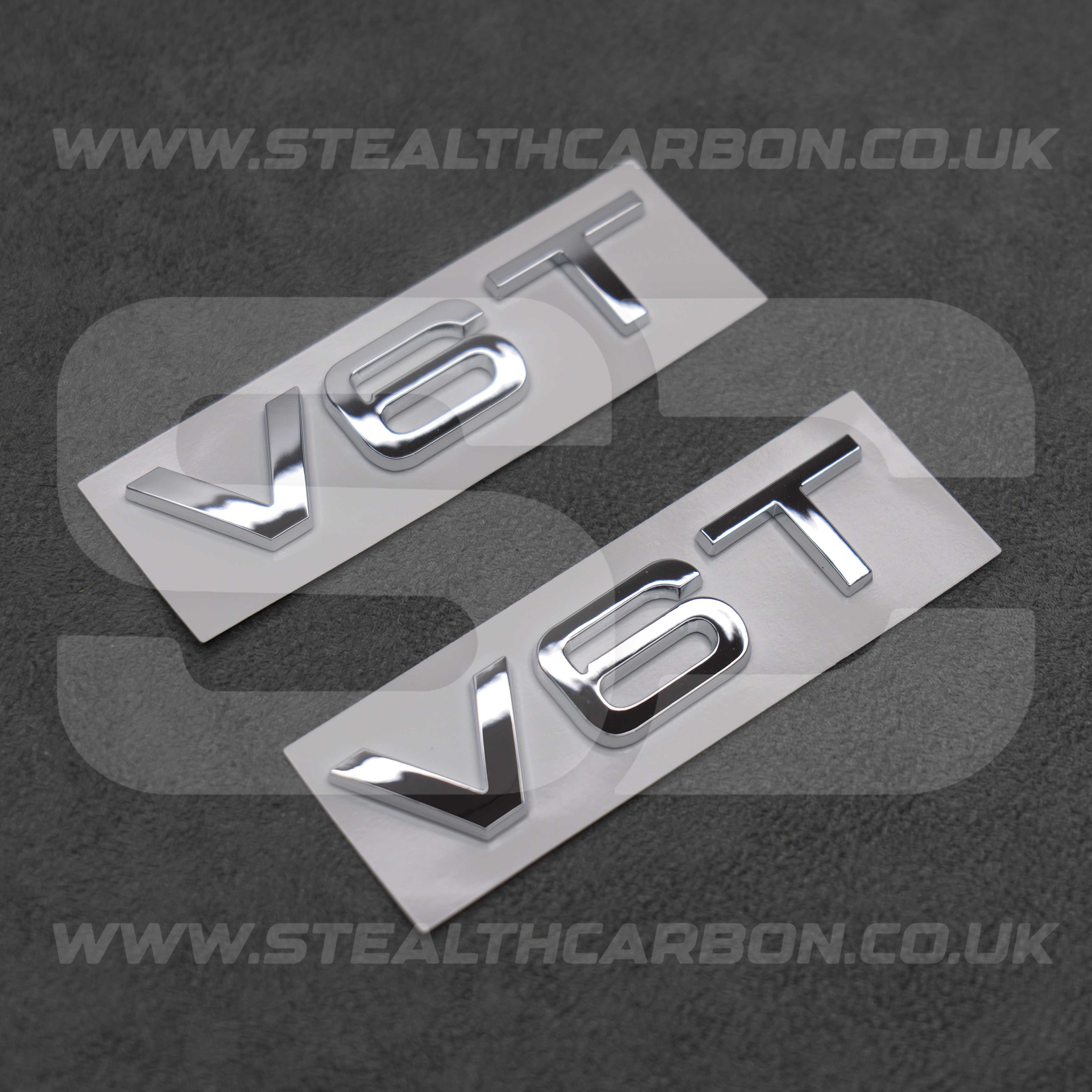 2x Audi Chrome Silver V6T Side Wing Badge Emblems A4 A5 A6 A7 S3 S4 S5 S6 Q5 Q7
